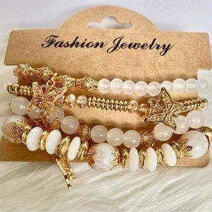 NEW 4 Butterfly Charm Bead Elastic/Stretchy Bracelet in White and Rose Gold